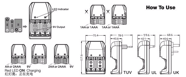 AA/AAA电池充电器使用说明及尺寸图片
